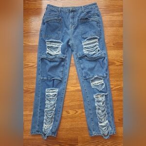 Women's Distressed Blue Jeans With Pockets - Size XL
